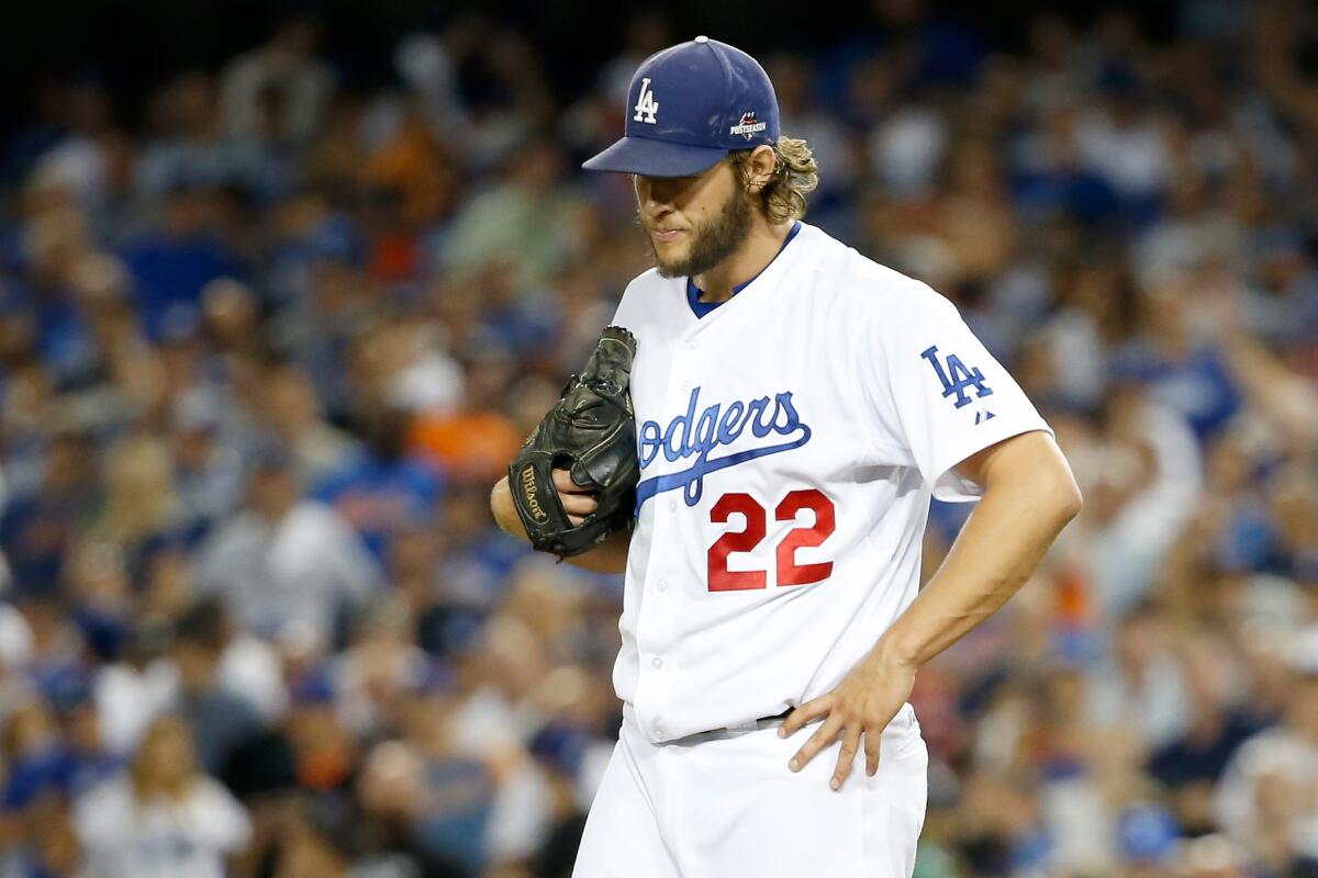 LOS ANGELES, CA - OCTOBER 09: Clayton Kershaw #22 of the Los Angeles Dodgers reacts after walking Curtis Granderson #3 of the New York Mets in the seventh inning in game one of the National League Division Series at Dodger Stadium on October 9, 2015 in Los Angeles, California. (Photo by Sean M. Haffey/Getty Images) ** OUTS - ELSENT, FPG, CM - OUTS * NM, PH, VA if sourced by CT, LA or MoD **