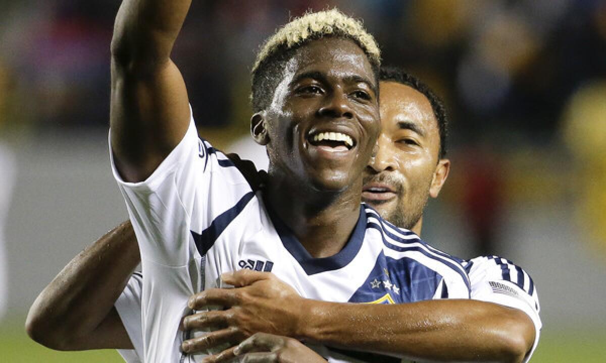 Galaxy forward Gyasi Zardes, left, celebrates with teammate James Riley after scoring a goal against FC Shirak during an exhibition match Feb. 8. A more confident Zardes hopes to make more contributions on offense for the Galaxy in 2014.