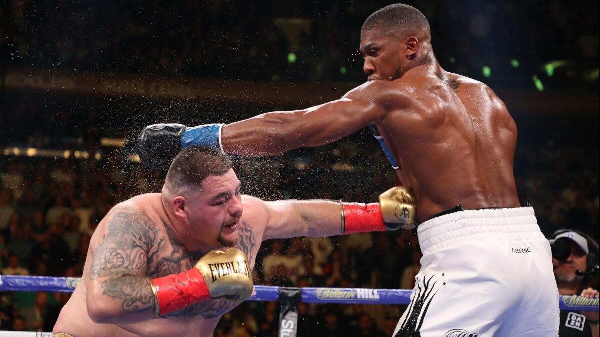 Andy Ruiz Jr. connects with a punch to the body of Anthony Joshua during their heavyweight title fight on June 1.