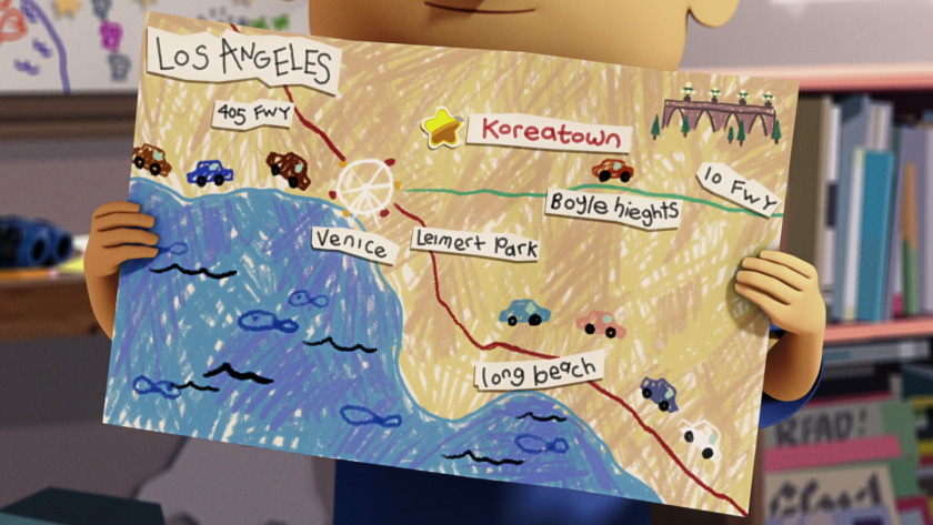 An animated character holds a map made by a child.