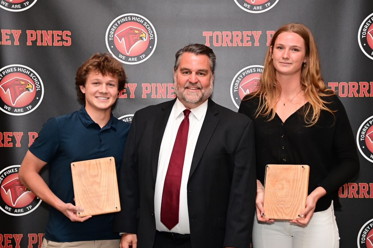 Golden Falcon award winners Matteo Pacelli and Hannah Flannery with TPHS Principal Rob Coppo.