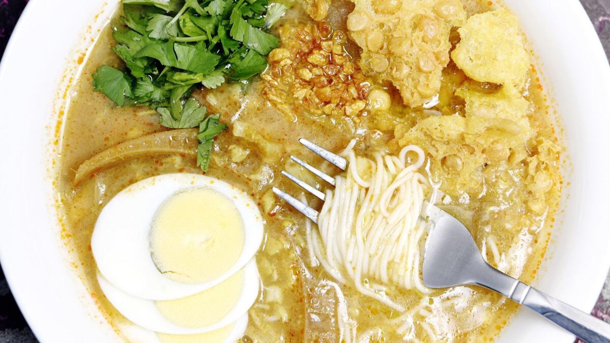 Mohinga is a Burmese rice noodle fish soup with lemongrass, banana trunk and spices.