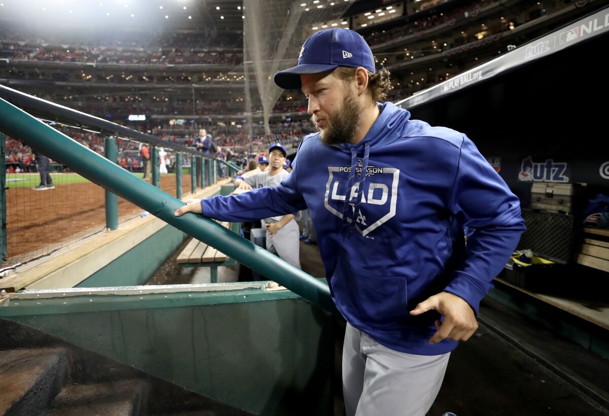 Dodgers pitcher Clayton Kershaw takes the field before Game 3 of the NLDS against the Washington Nationals.