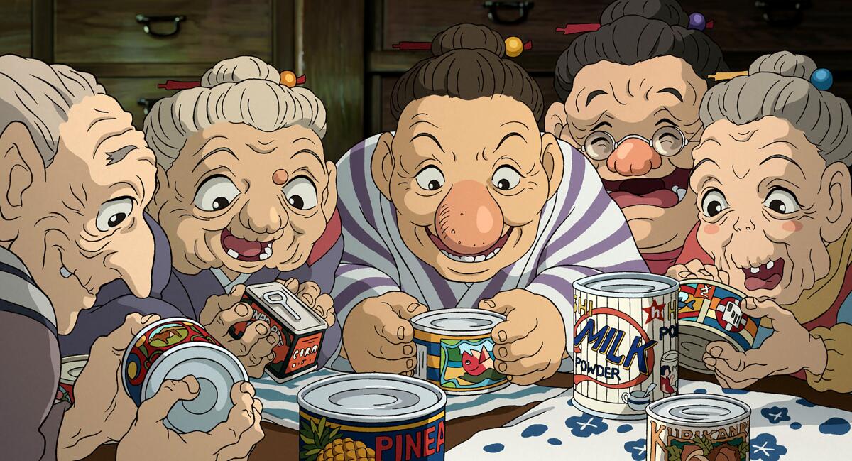 Animated wrinkled elderly people look excitedly at canned goods.