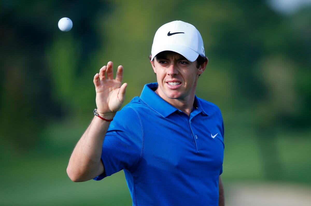 Rory McIlroy catches a ball during the pro-am round prior to the Memorial Tournament.