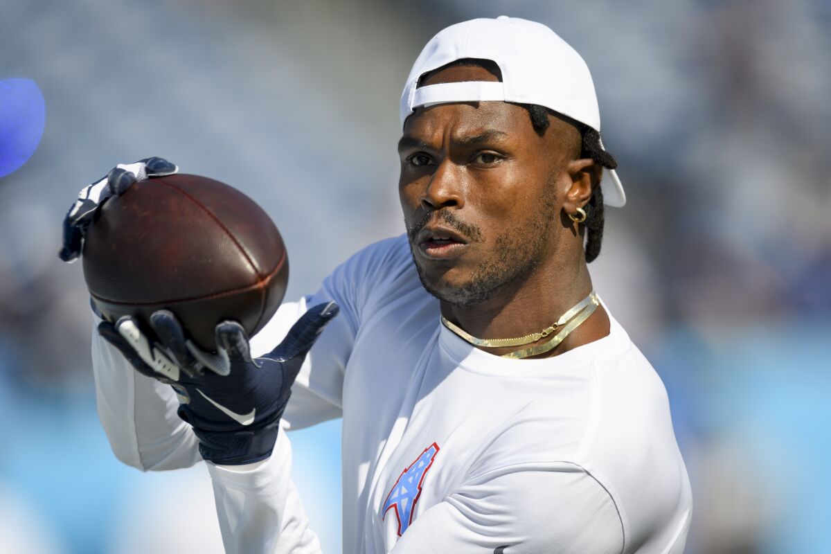 FILE - In this Sunday, Sept. 26, 2021, file photo, Tennessee Titans wide receiver Julio Jones (2) warms up before an NFL football game against the Indianapolis Colts in Nashville, Tenn. Jones returned to practice Wednesday, Oct. 13, 2021, after missing the past two games with an injured hamstring. (AP Photo/John Amis, File)