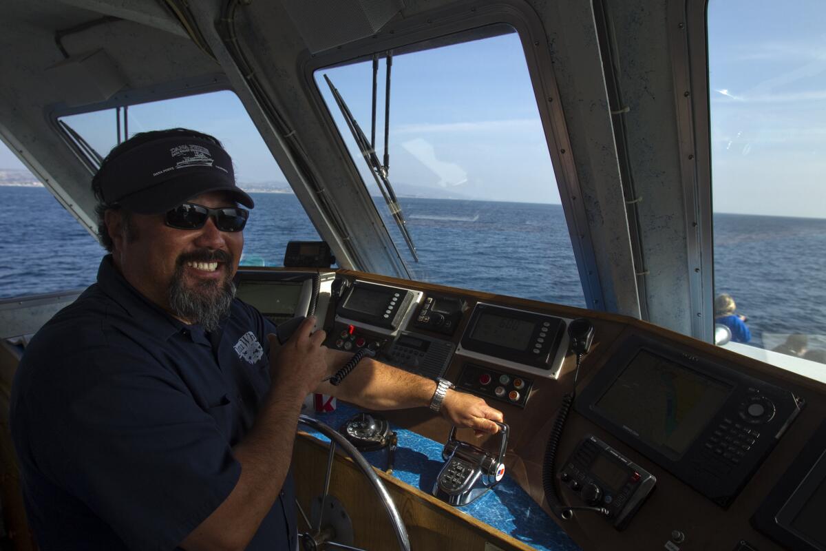 Captain Jack Van Dyke educates his whale-watching customers about whale and dolphin behavior during a whale-watching cruise aboard Dana Pride, one of Dana Wharf Sportfishing and Whale Watching's boats, off Dana Point.