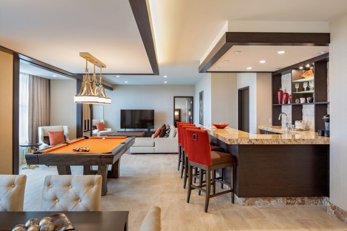 Soboba Casino Resort’s new 200-room hotel features 1,800 square foot, two-bedroom presidential suites, with a pool table in the living area, off the wet bar.