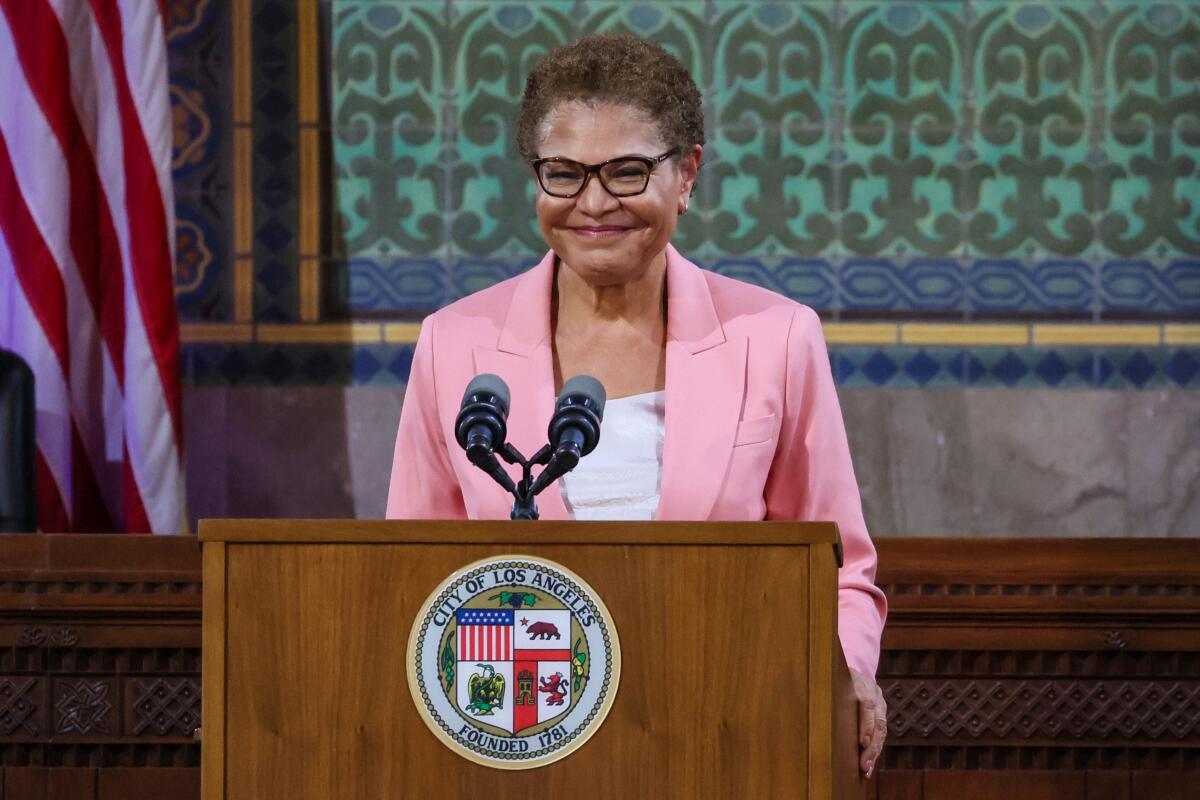 Mayor Karen Bass delivers her second State of the City Address at City Hall earlier this month.