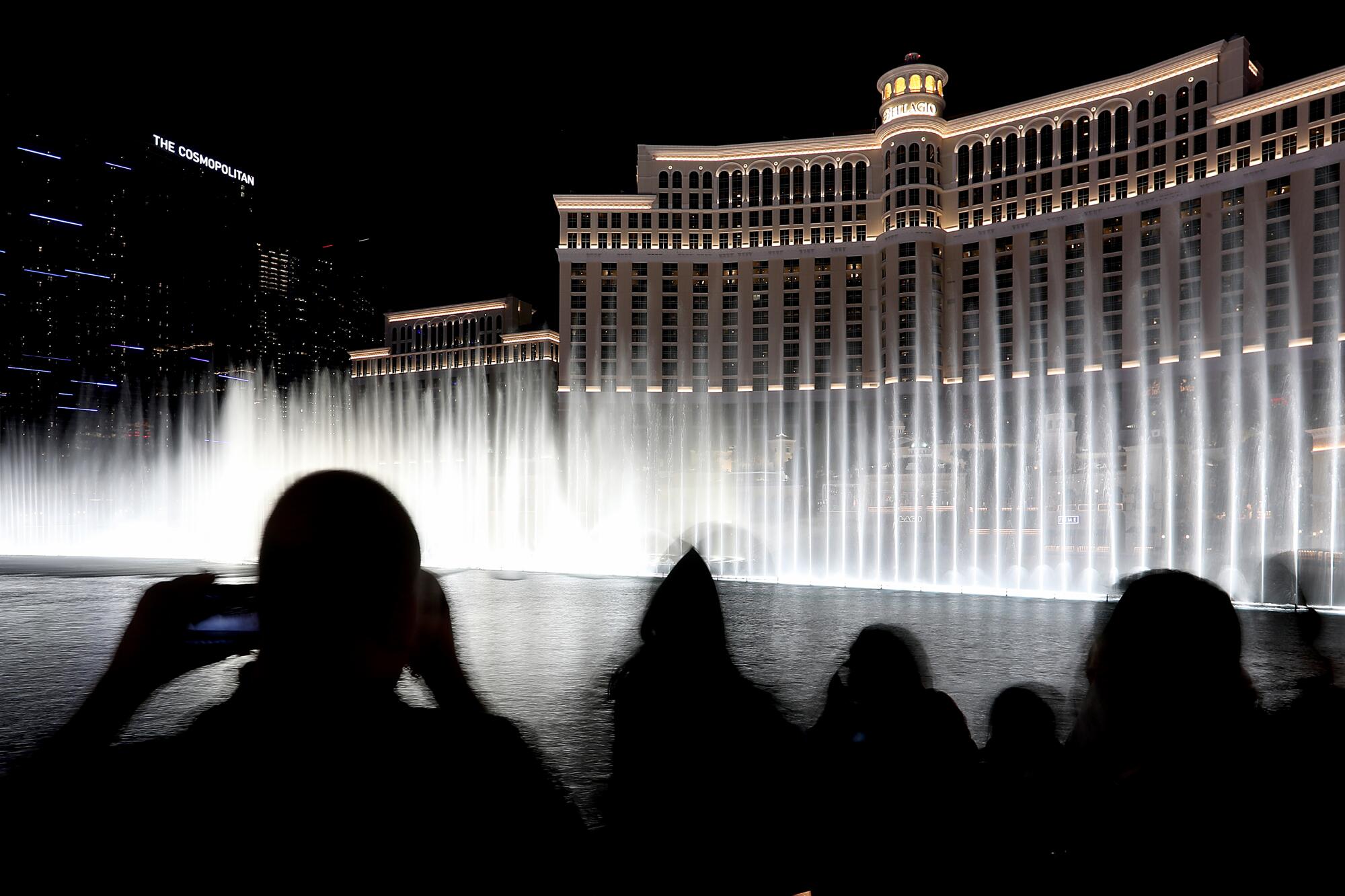 Silhouettes of people watch a water fountain show