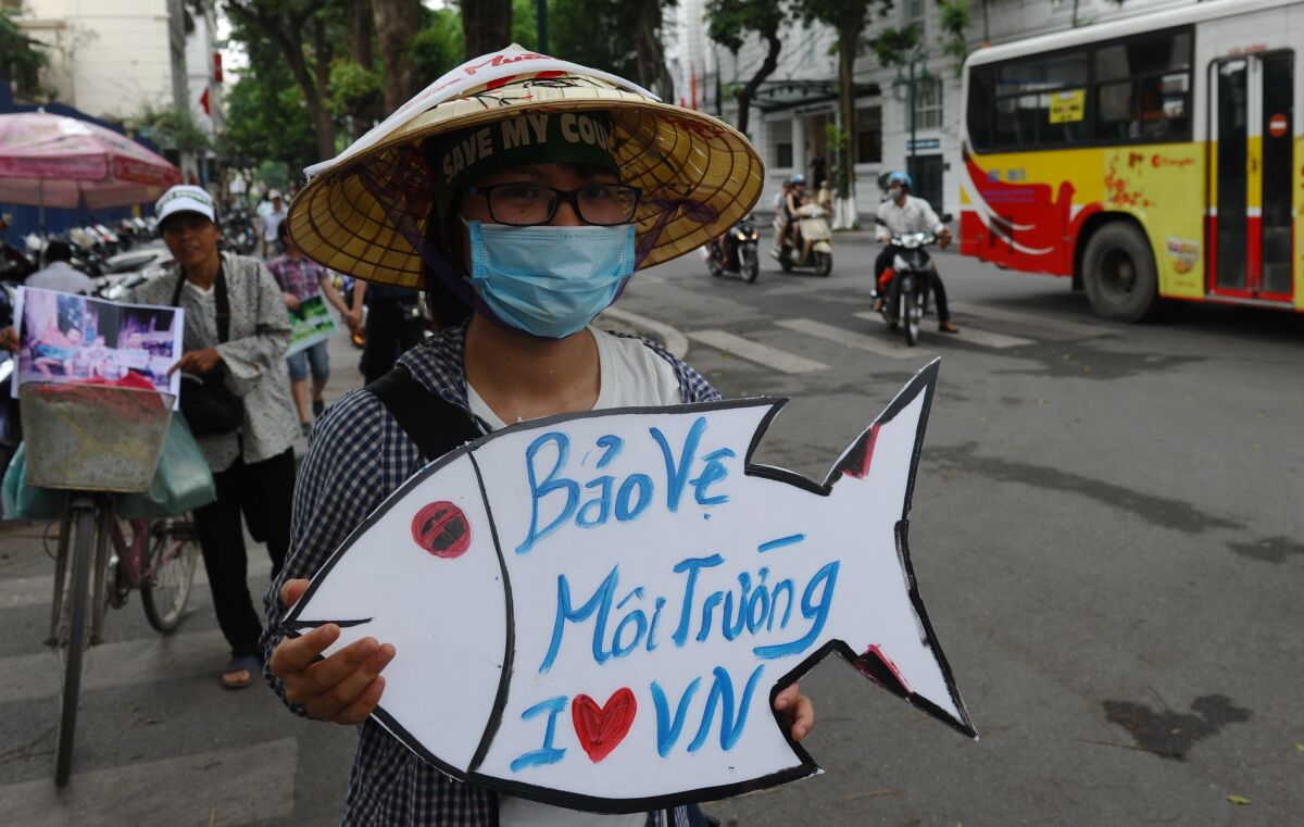 Vietnamese protesters demonstrate against Taiwanese conglomerate Formosa during a rally in downtown Hanoi on May 1, 2016.