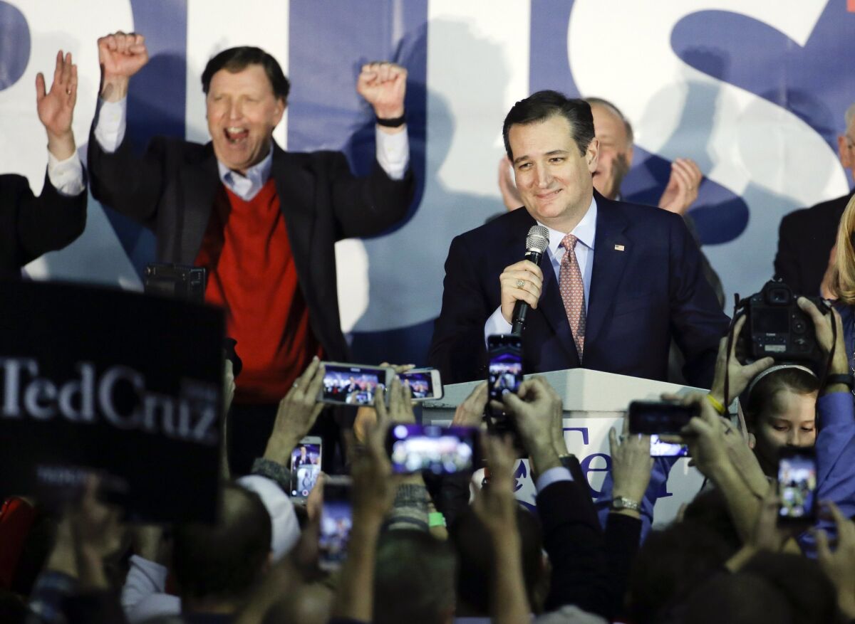Republican presidential candidate Sen. Ted Cruz (R-Texas) speaks during a caucus rally Monday in Des Moines, Iowa. Cruz sealed a victory in the Republican Iowa caucuses, winning on the strength of his relentless campaigning and support from party conservatives.
