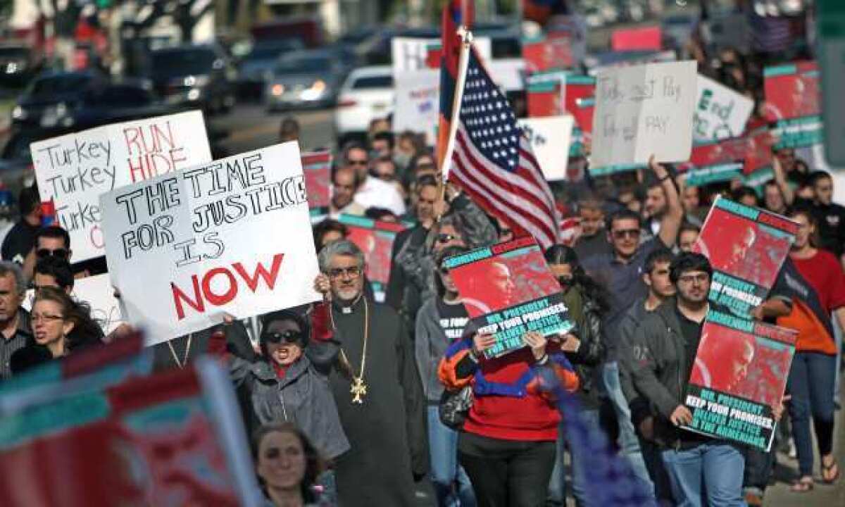 Thousands of Armenian-Americans protest outside the Turkish Consulate on the anniversary of the Armenian Genocide.