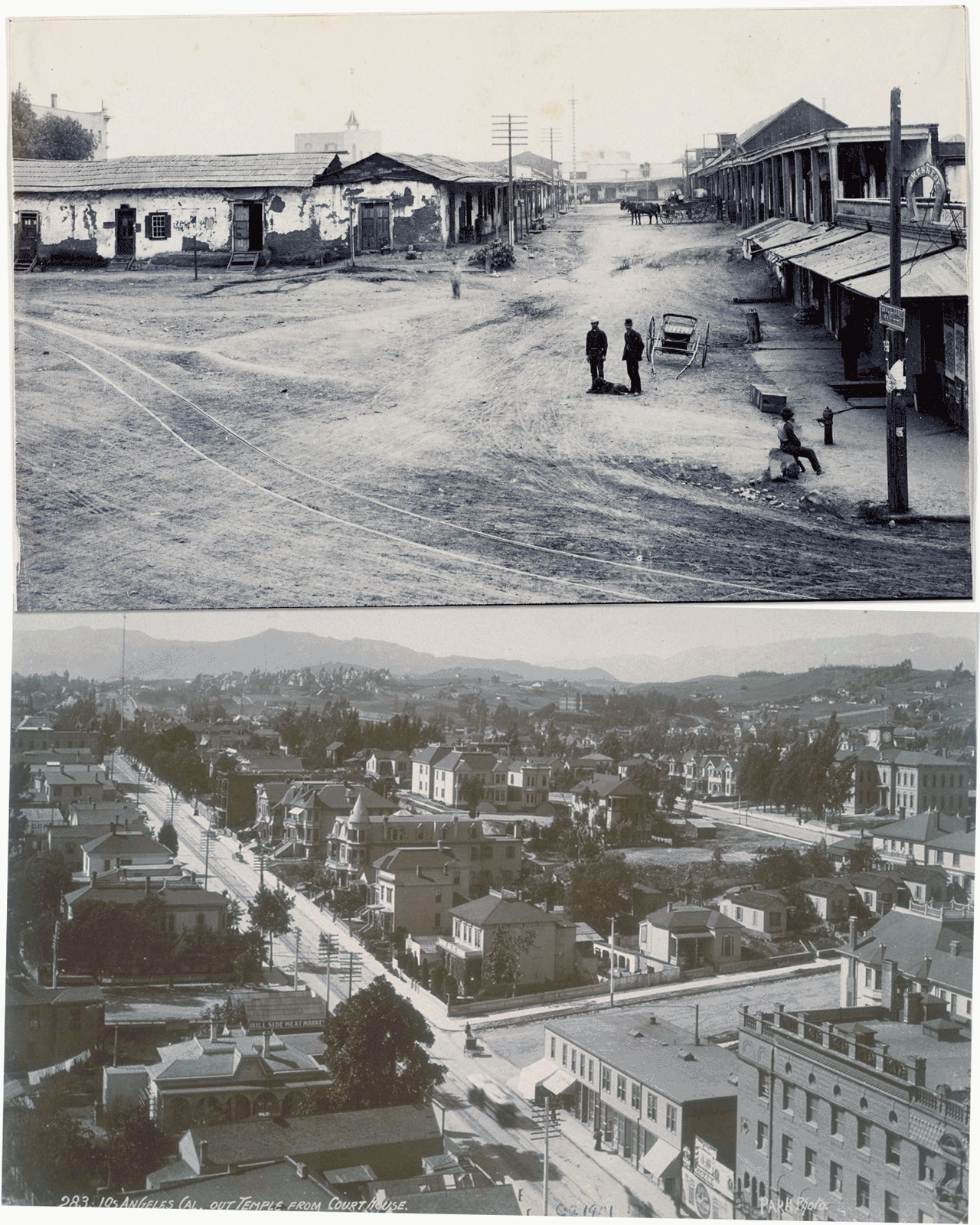 Two black and white photos. Top shows a dirt avenue and low buildings. Bottom shows buildings around paved roads.