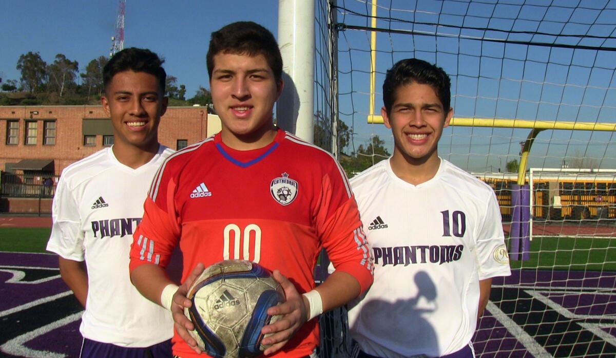 Cathedral High's soccer team has relied on Irving Arvizu (left), Derrick Gracia and Max Valdivia en route to a 20-1-2 record.