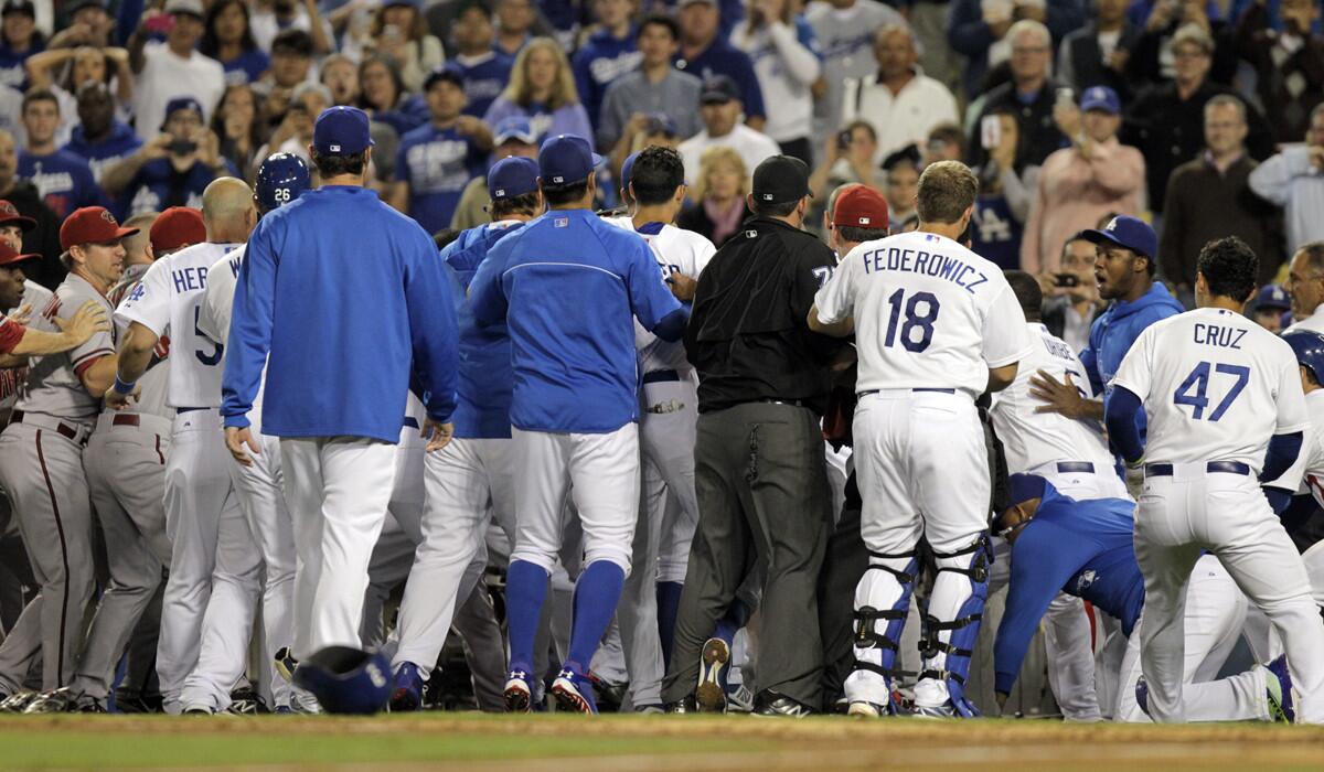 Benches emptied after former Dodgers starting pitcher Zack Greinke was hit by an Arizona Diamondback pitch in the seventh inning on June 11, 2013.