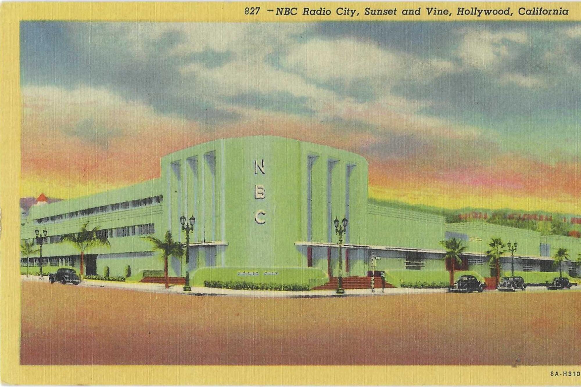 A pastel-colored sky over the green NBC building on a vintage postcard.