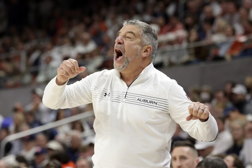 Auburn coach Bruce Pearl reacts to a call during the second half of the team's NCAA college basketball game against Alabama on Tuesday, Feb. 1, 2022, in Auburn, Ala. (AP Photo/Butch Dill)
