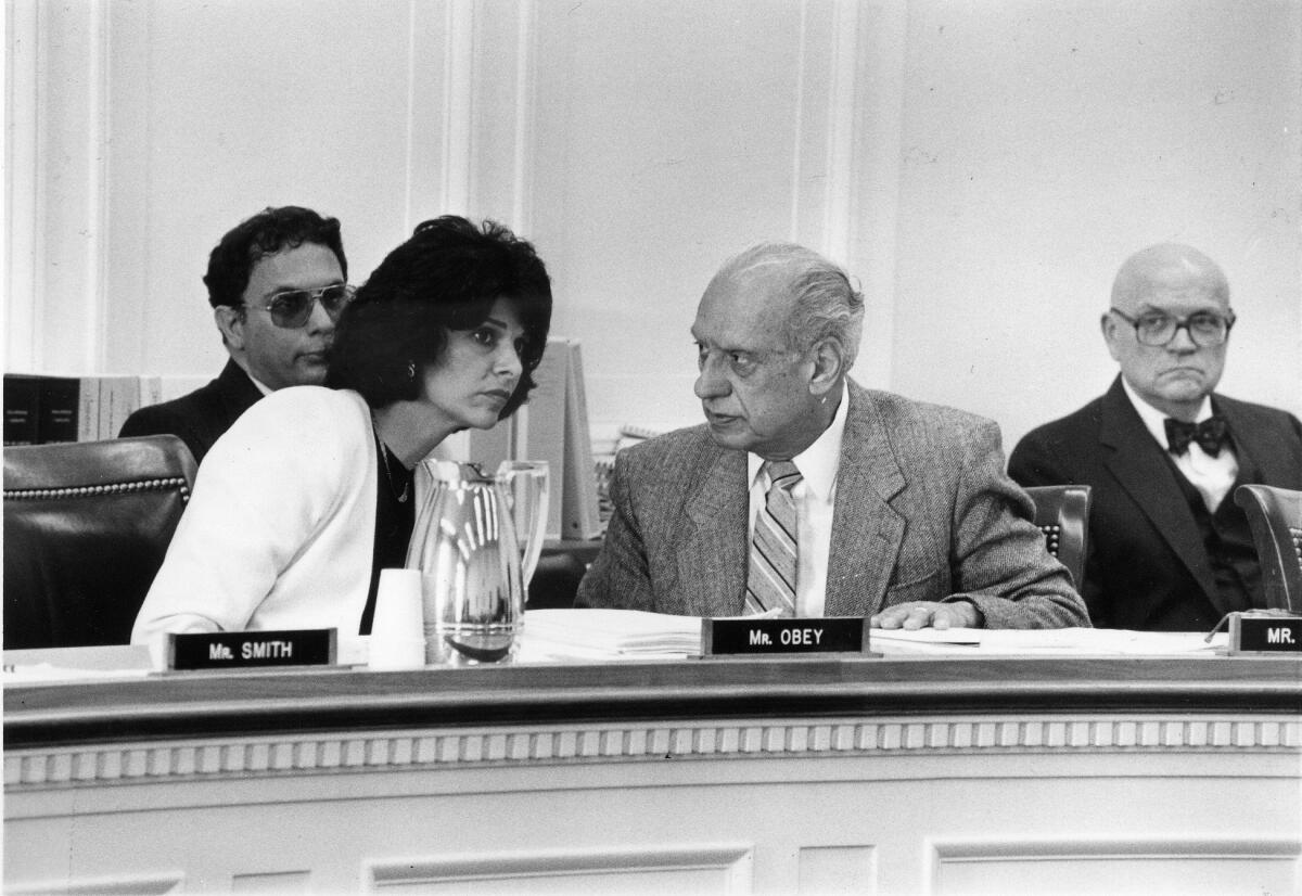 Before she was elected to Congress, Rep. Lucille Roybal-Allard sits in on a House Committee hearing with her father, Rep. Edward Roybal. He served for 30 years and retired just as his daughter took office. (Courtesy Rep. Lucille Roybal-Allard)