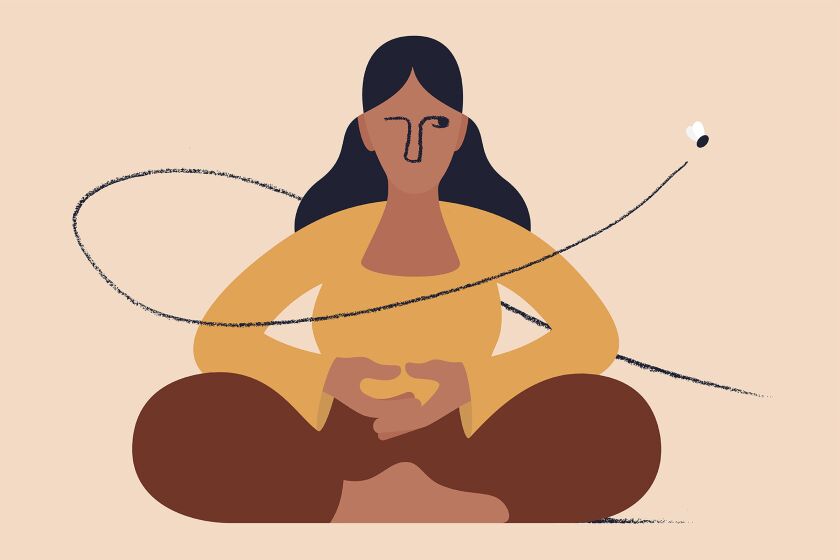An illustration of a woman trying to meditate, but she is distracted by a fly buzzing around her.