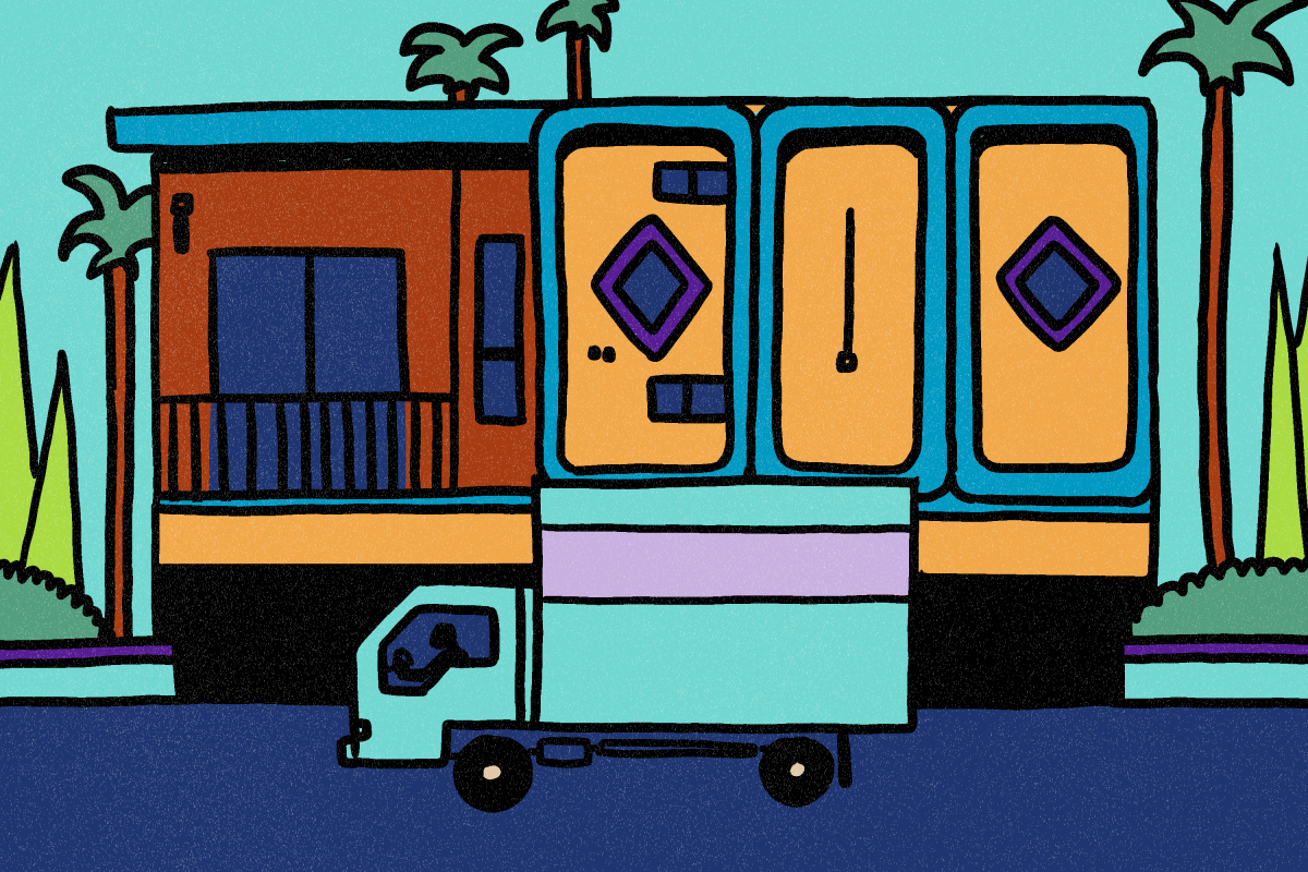 An illustration of a moving truck parked in front of an L.A.-style apartment building.