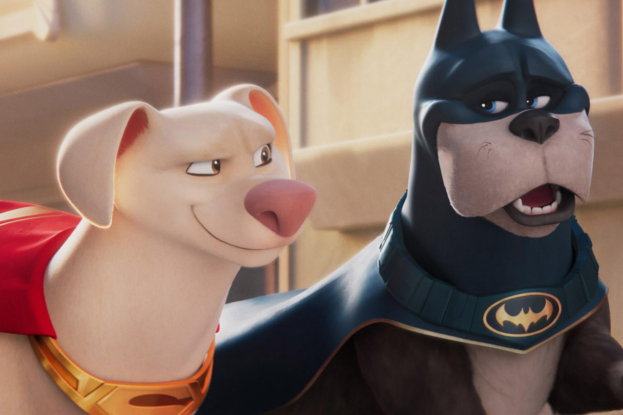 Two dogs dressed as super heroes in the animated movie 'DC League of Super-Pets."