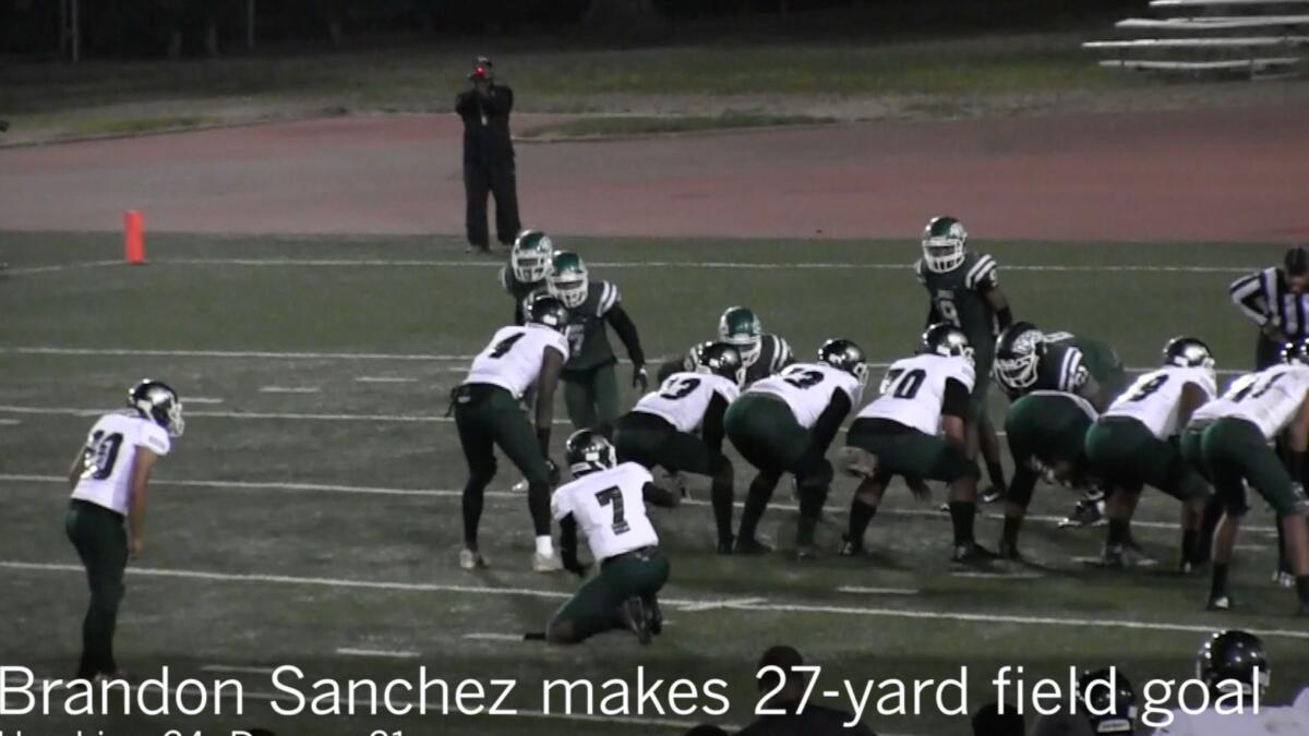 Hawkins kicker Brandon Sanchez makes field goal to defeat Dorsey.