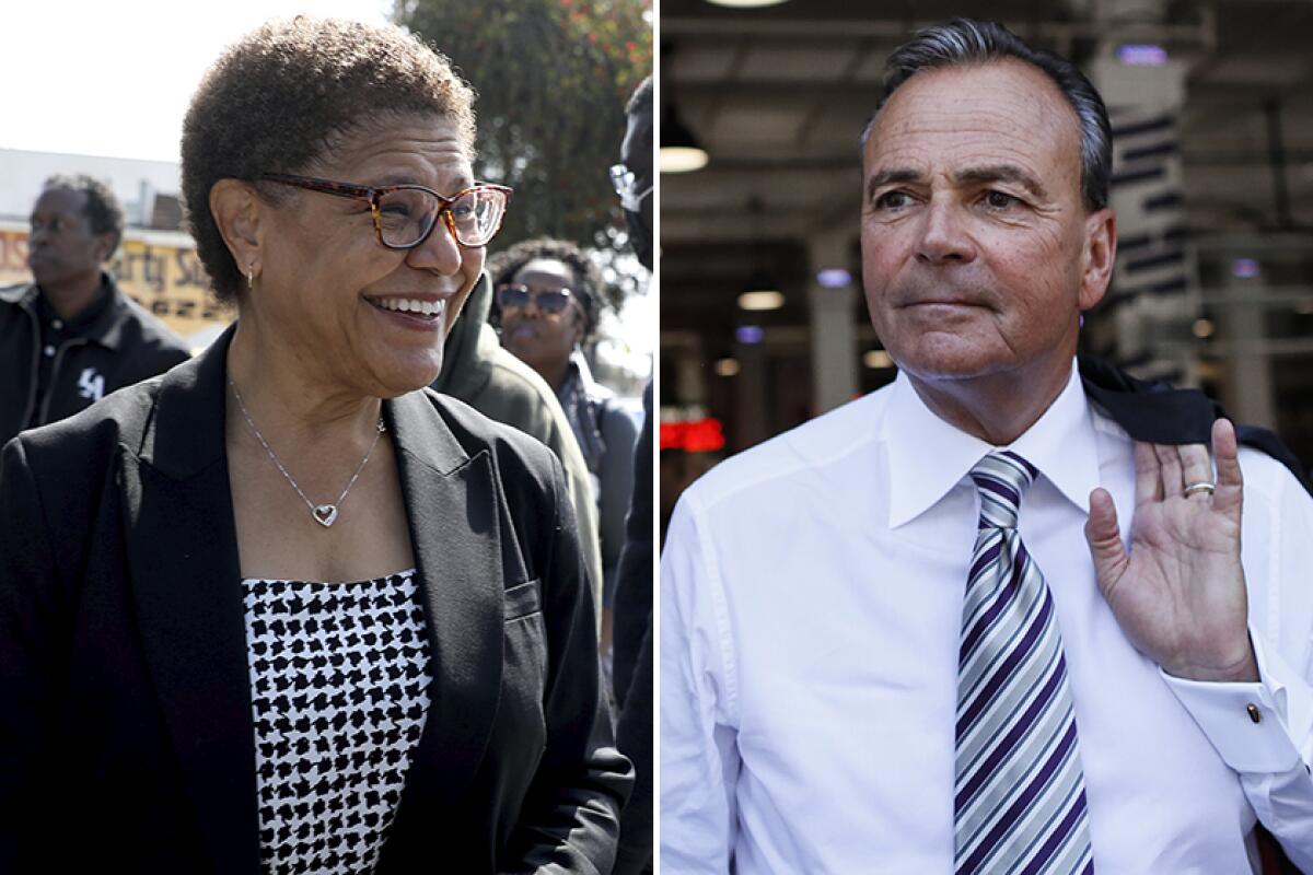 L.A. mayoral candidates Karen Bass and Rick Caruso.