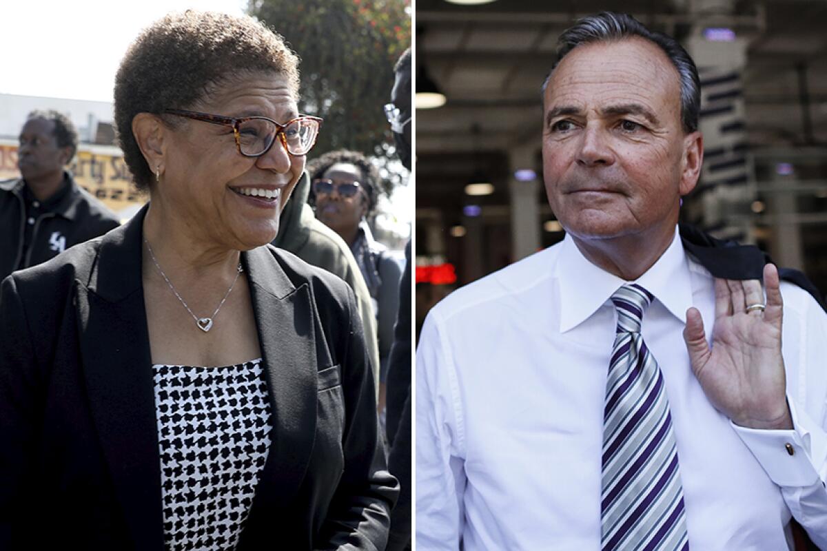 Karen Bass, left, and Rick Caruso