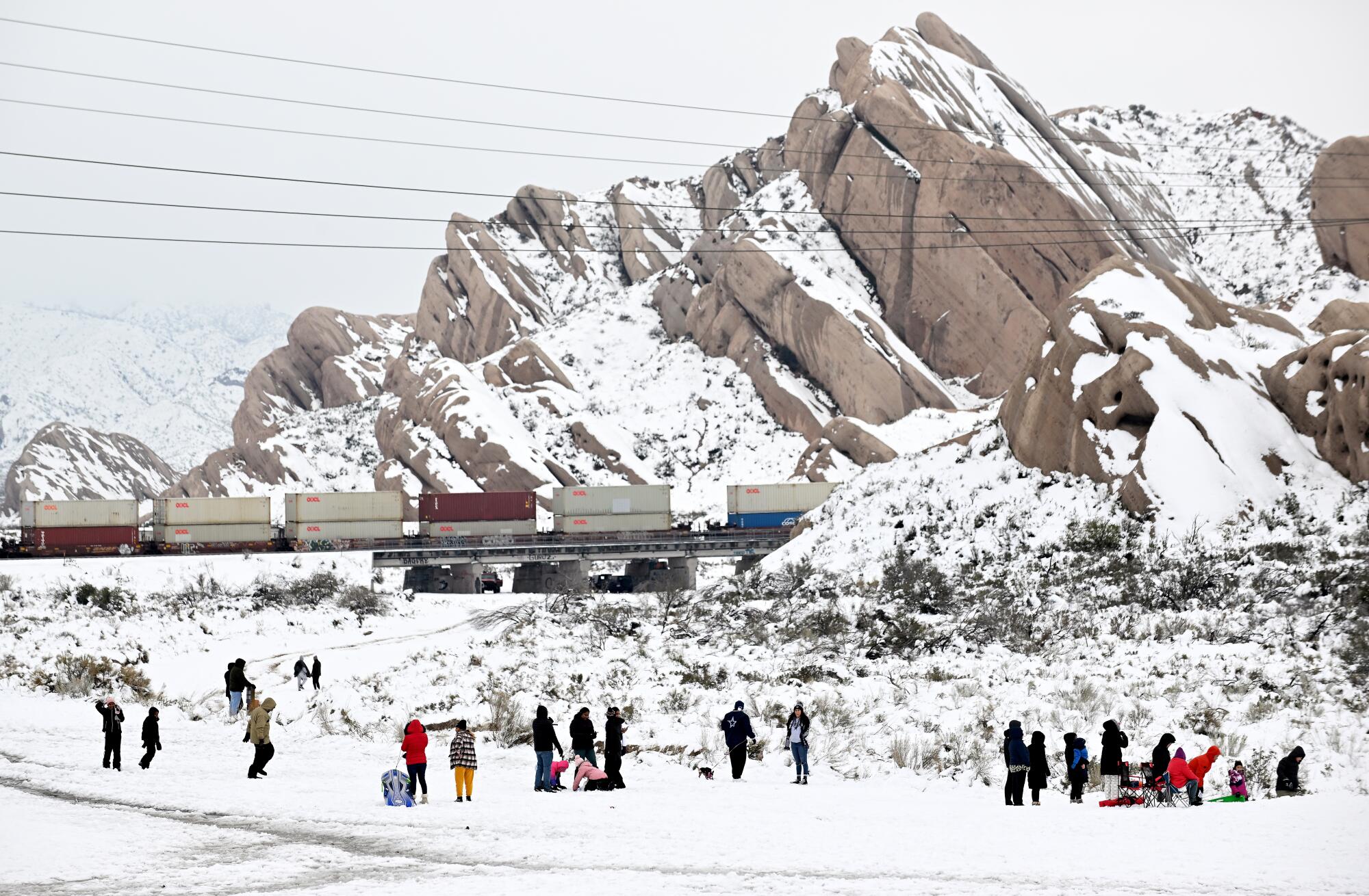A distant shot of people gathered on a snowy landscape with a mountain as backdrop