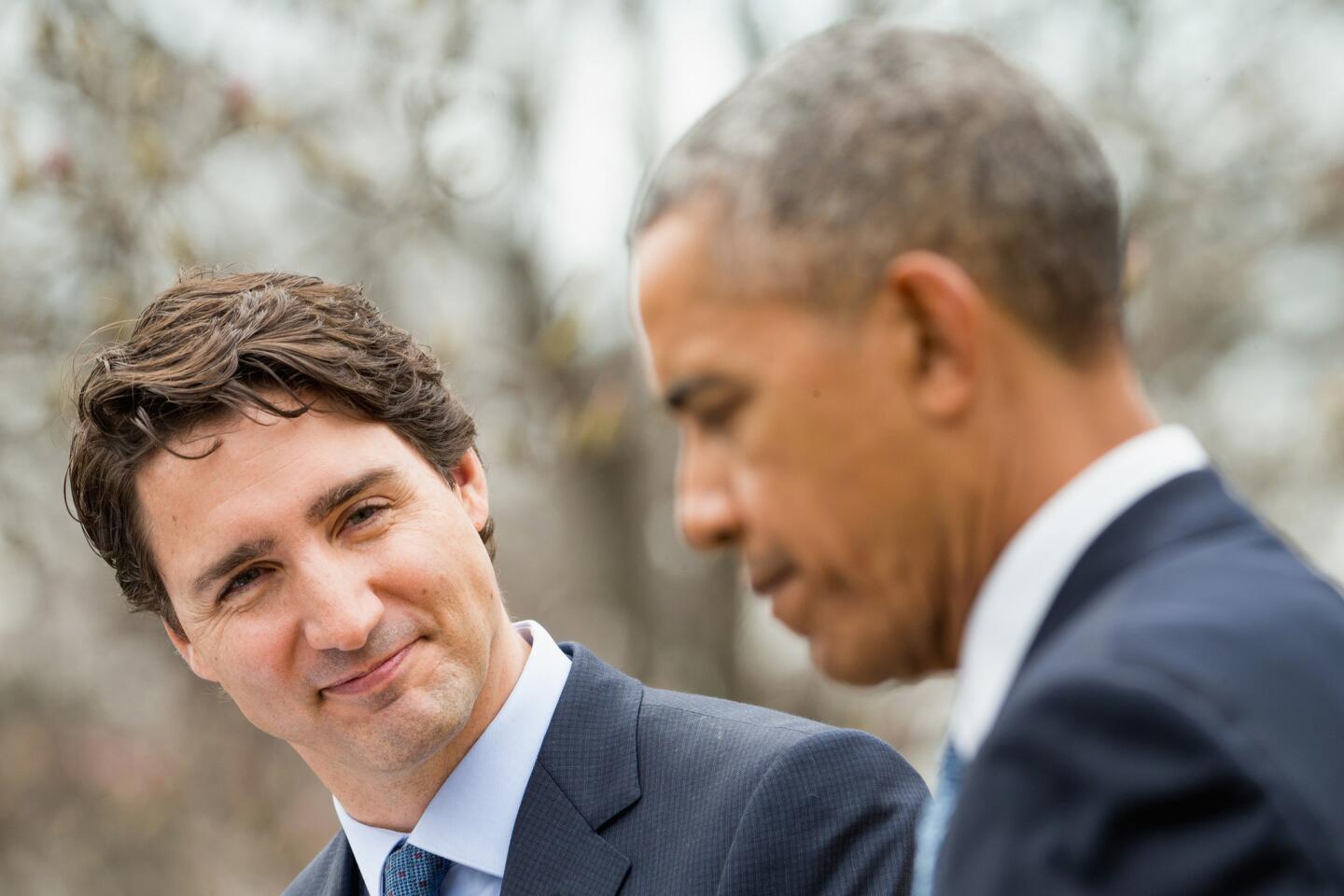 Canadian Prime Minister Justin Trudeau thanks President Barack Obama while speaking at a bilateral news conference in the White House's Rose Garden on March 10, 2016, in Washington.