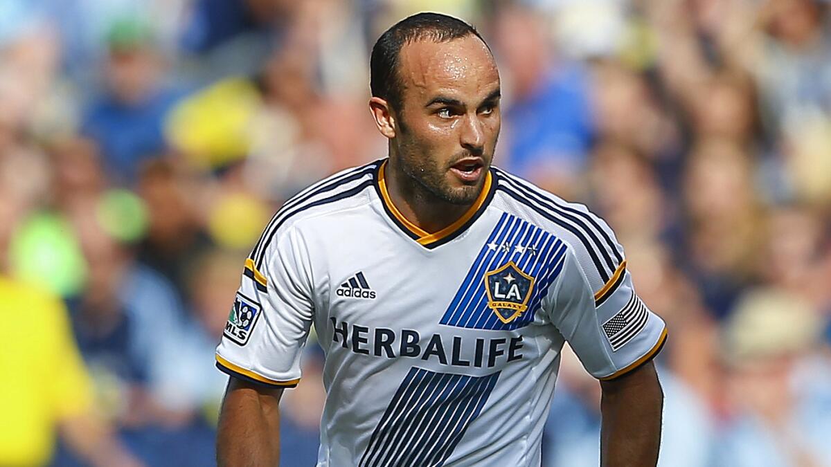 Galaxy forward Landon Donovan looks on during a match against Sporting Kansas City on July 19.