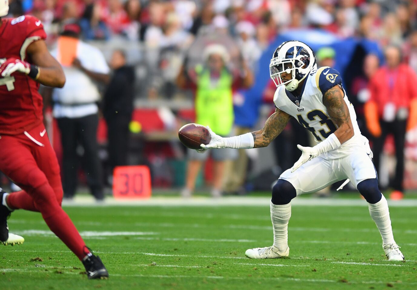 Rams safety John Johnson almost comes up with an interception against the Arizona Cardinals in the second quarter at State Farm Stadium on Sunday.
