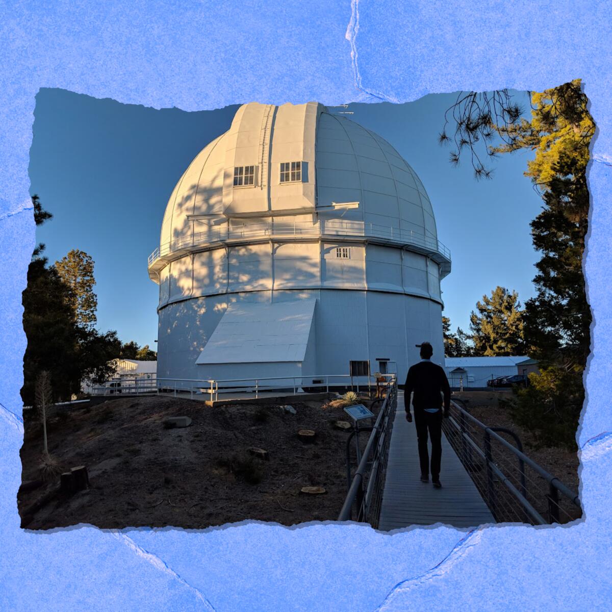 A person walks up a walkway toward a large domed building.