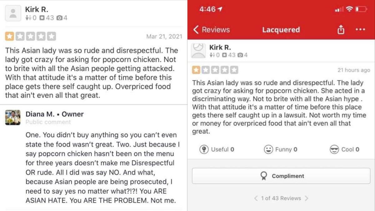 Screenshots of Yelp reviews for Lacquered restaurant in Long Beach.