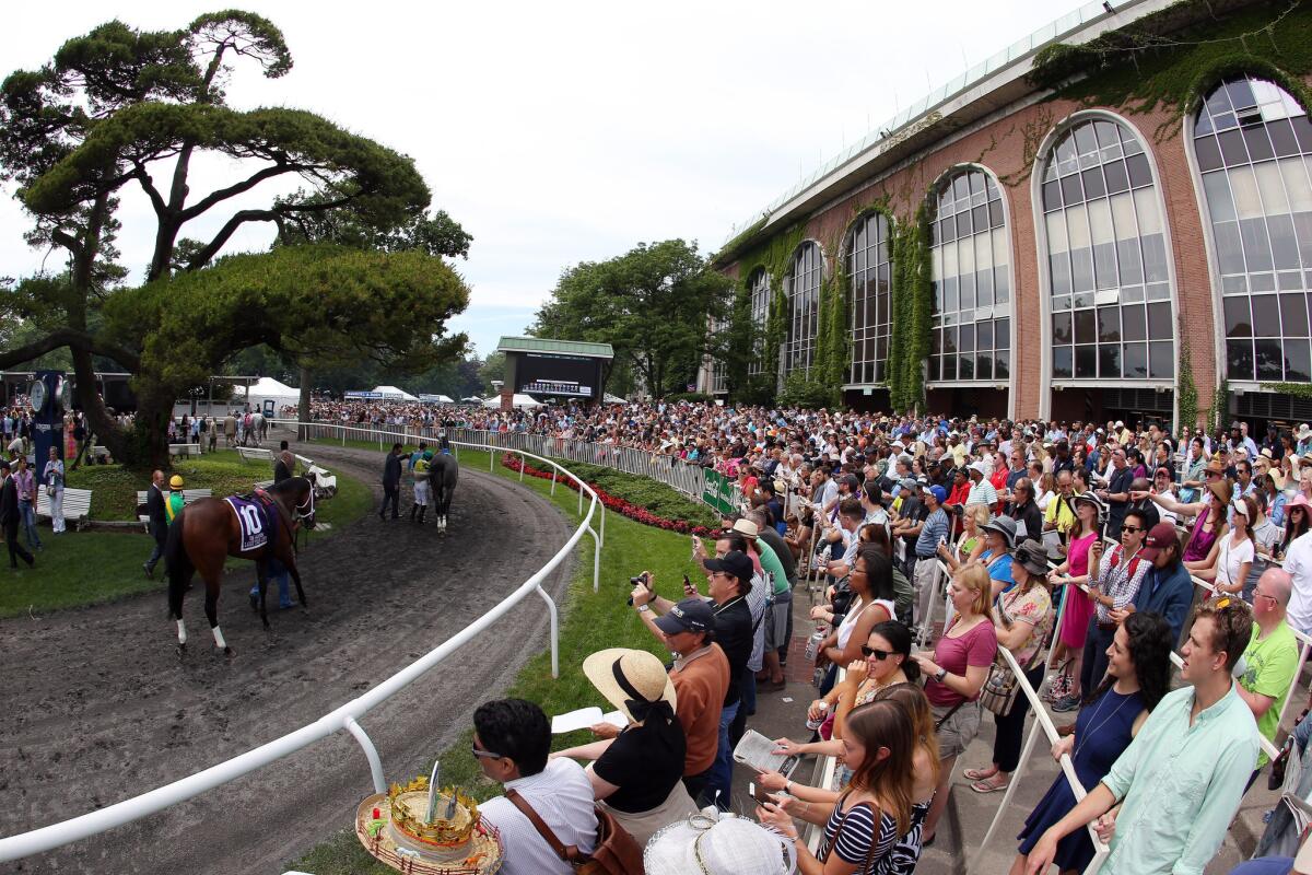 Horse racing fans line the paddock area of Belmont Park before the 147th running of the Belmont Stakes on Saturday.