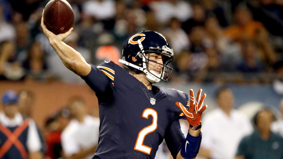 Bears backup quarterback Brian Hoyer attempts a pass against the Eagles on Monday in relief of injured starter Jay Cutler.
