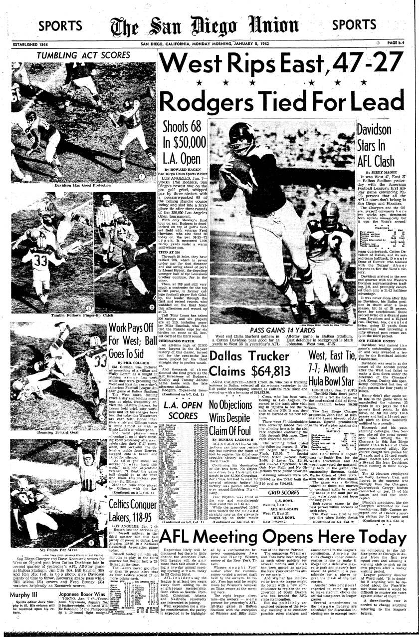 Sports page from The San Diego Union, Jan. 8, 1962.