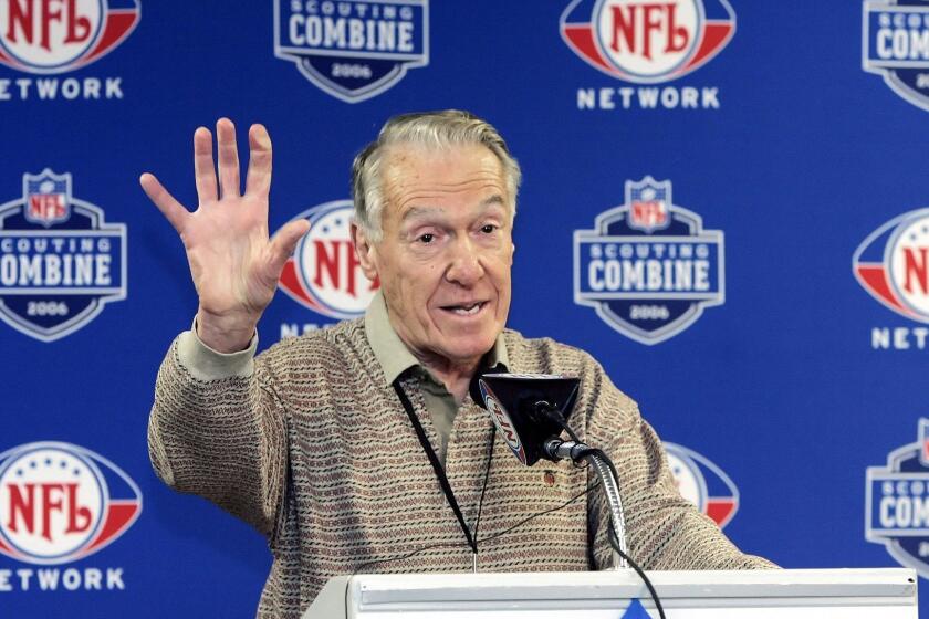 **FILE** Buffalo Bills general manager Marv Levy responds to a question during the NFL combine in Indianapolis, in this Feb. 23, 2006 file photo. Levy stepped down as the Bills general manager Monday, Dec. 31, 2007, confident he has the team headed in the right direction despite a second consecutive 7-9 finish.(AP Photo/Darron Cummings, File) ORG XMIT: NGM_0JTXL51A