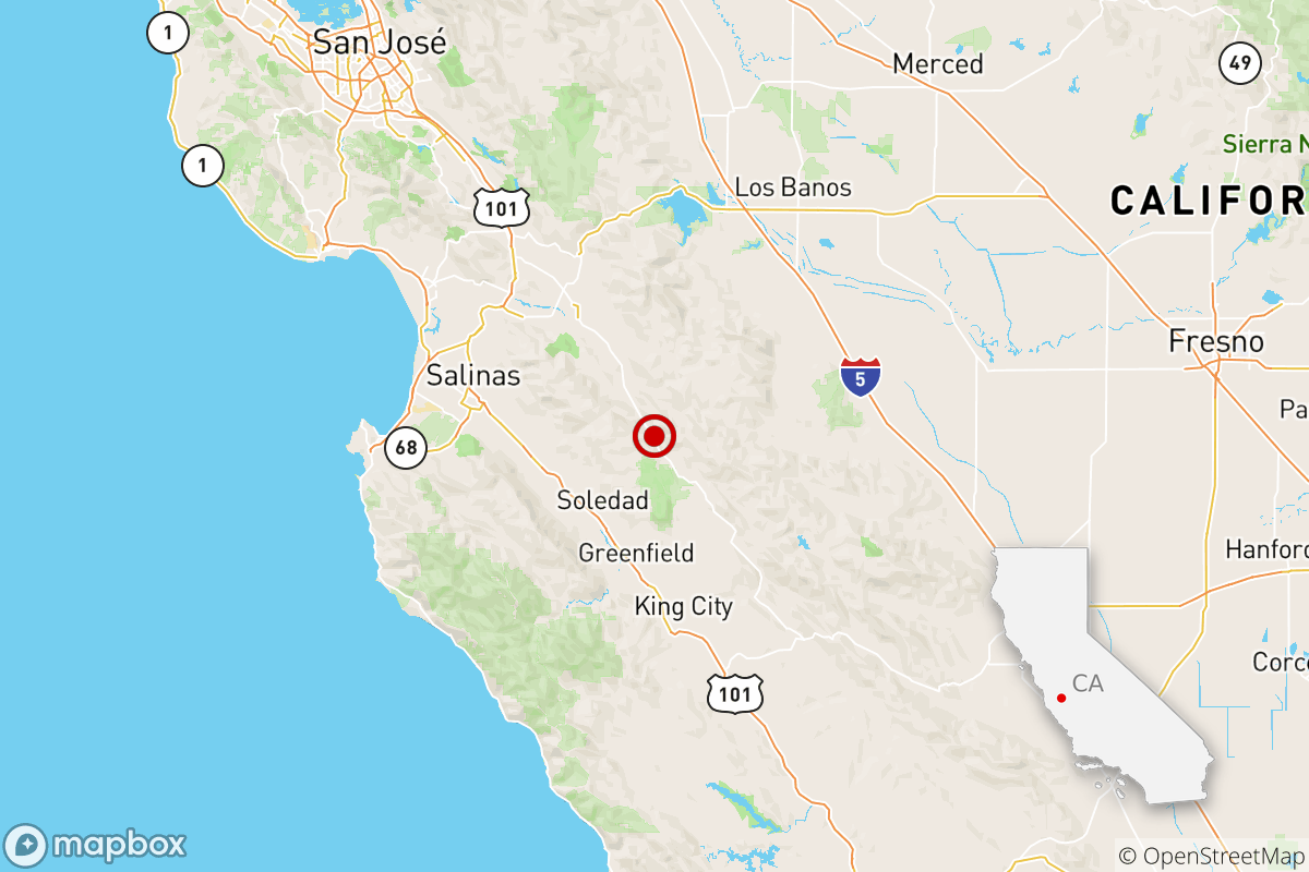 The location of a magnitude 3.4 earthquake Thursday night near Soledad, Calif.