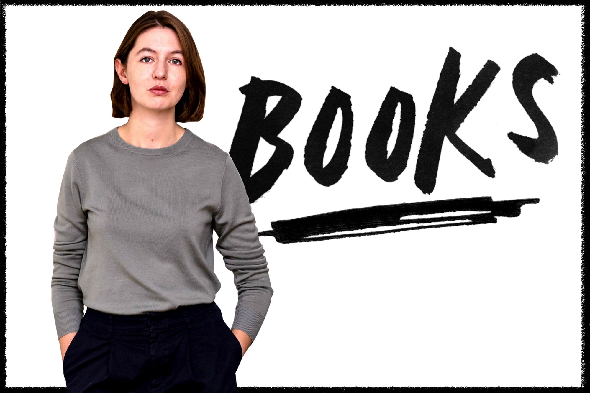 Author Sally Rooney poses in a long-sleeved gray shirt.