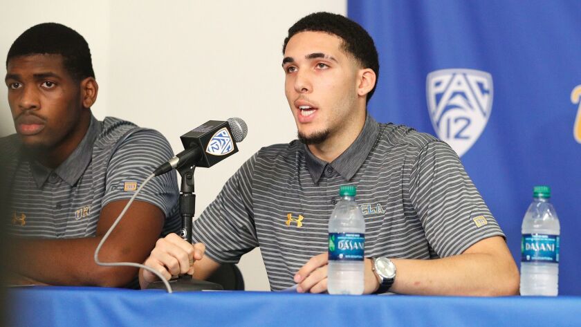 LiAngelo Ball, right, and Cody Riley speak to the media during a news conference at Pauley Pavilion on Nov. 15.