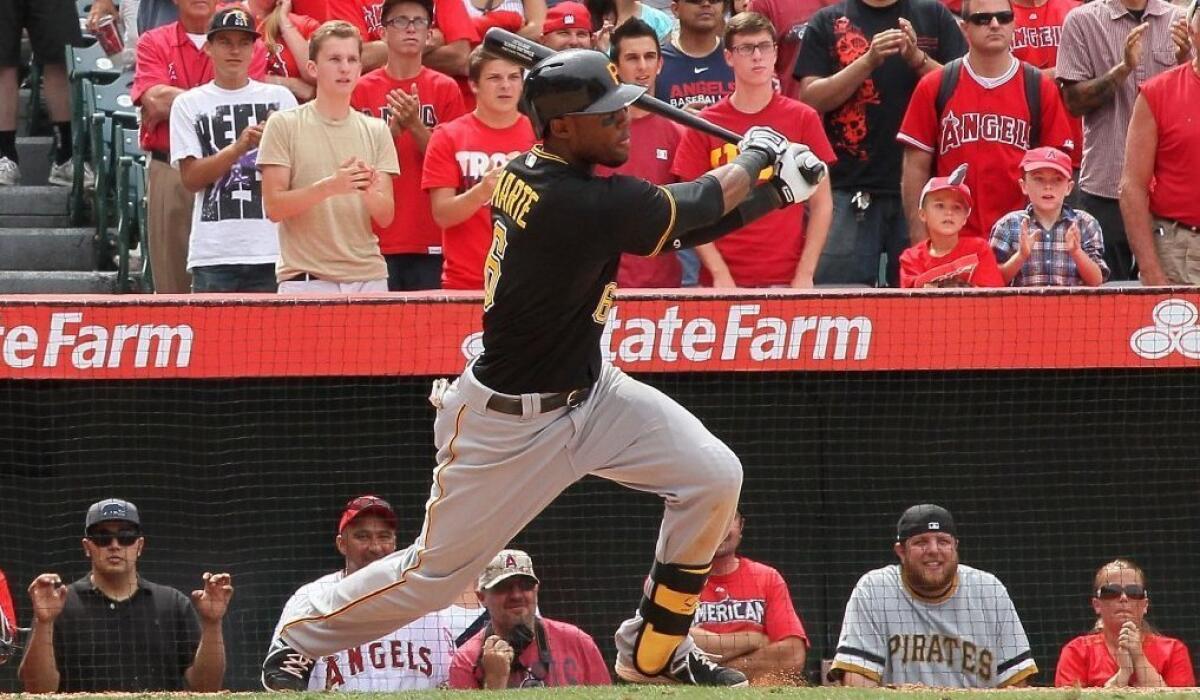 Starling Marte was 2 of 6 at the plate against the Angels while scoring twice and adding an RBI in the Pittsburgh Pirates' 10-9 extra-inning victory.