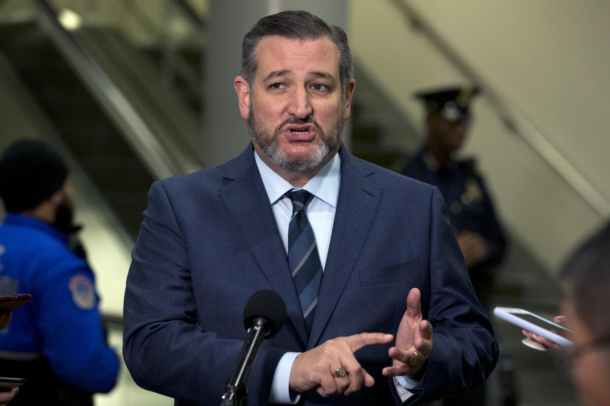 Sen. Ted Cruz (R-Texas) speaks to the media during the impeachment trial of President Trump on Jan. 23, 2020. 

