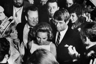 June 5, 1968: One of the last photos taken of Sen. Robert F. Kennedy before he was shot shortly after midnight. He is walking through a crush of supporters at the Ambassador Hotel. His wife Ethel is at his side. At Kennedyâs right is Jesse Unruh, Speaker of the California Assemby. Behind and to the right of Unruh is Rosey Grien, a former Los Angeles Rams player and RFK supporter. Photographer John Malmin reported this photo taken about 20 minutes before he was shot.