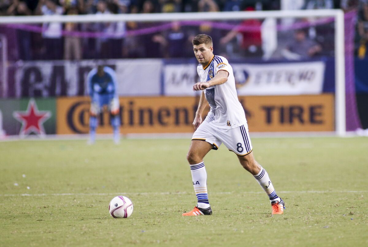 Los Angeles Galaxy midfielder Steven Gerrard plays during an MLS soccer game between the Galaxy and Portland Timbers earlier in the season.