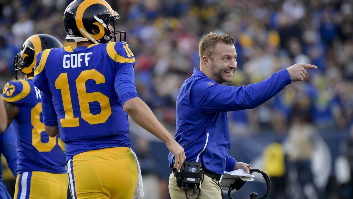 Rams head coach Sean McVay celebrates after a touchdown by Brandin Cooks during the first half against the San Francisco 49ers on Dec. 30, 2018.