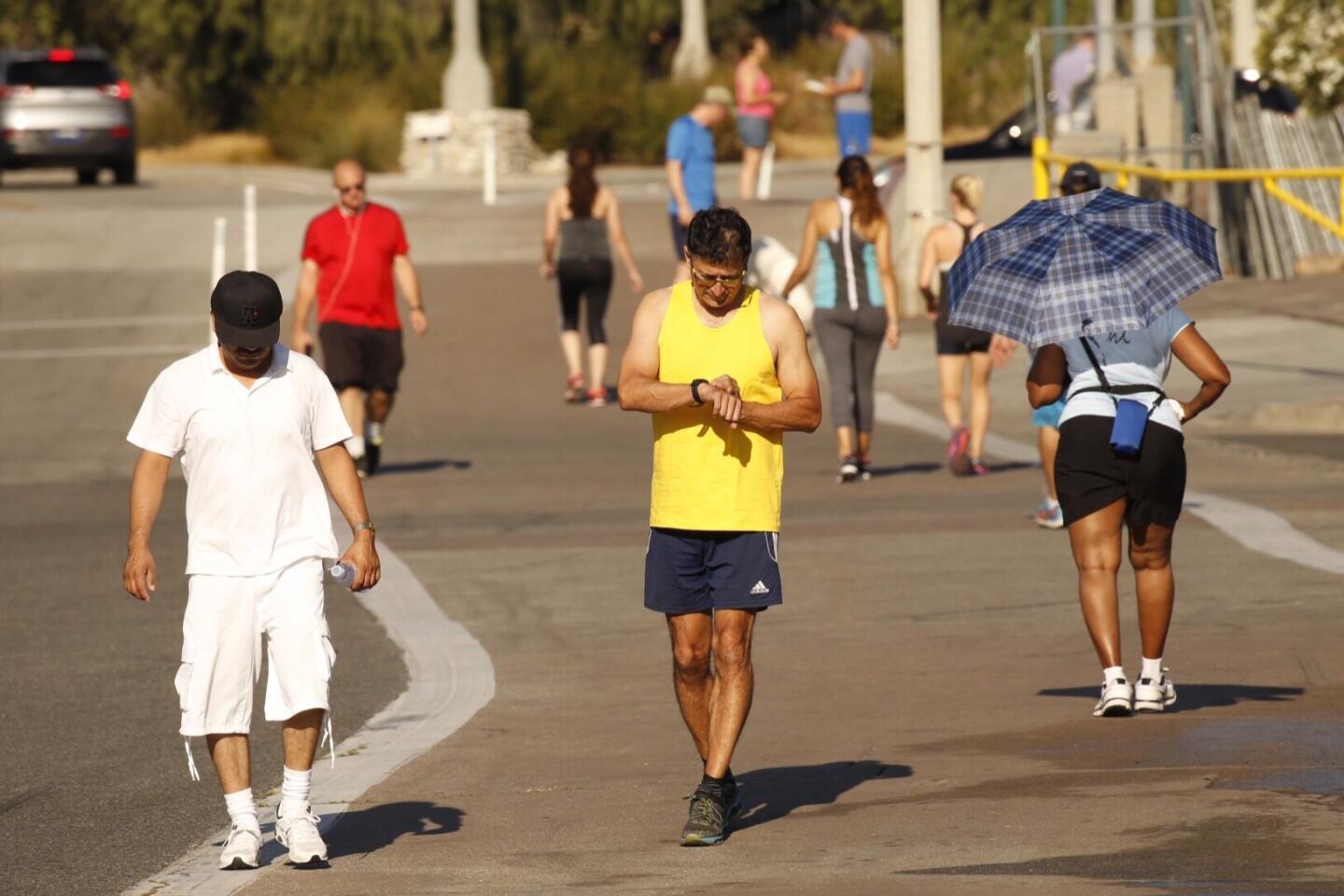 The exercise area around the Rose Bowl in Pasadena was busy early Monday morning,
