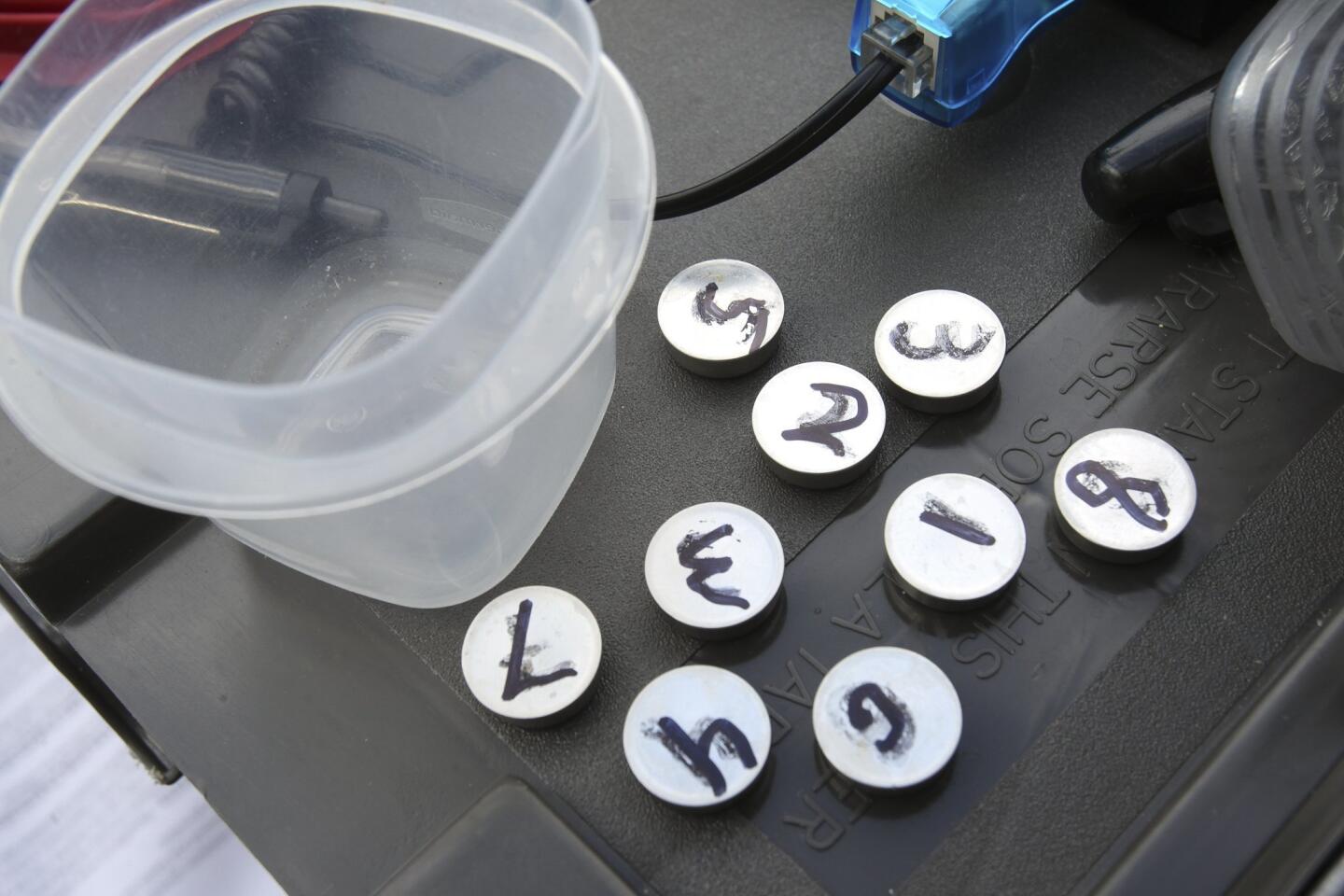 The eight sensors, or thermistors, that Cal State University San Marcos students attach to surfers that volunteer to participate in a wetsuit study.