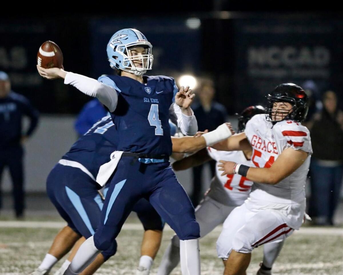 Corona del Mar's Ethan Garbers, shown passing the ball against Grace Brethren on Nov. 29, is one touchdown pass away from tying the Orange County single-season record of 67.